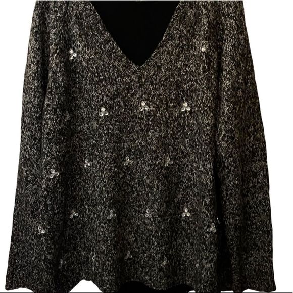 Kensie Sweaters - Kensie Women’s Large Knit V Neck Sweater With Rhinestone Details Marled